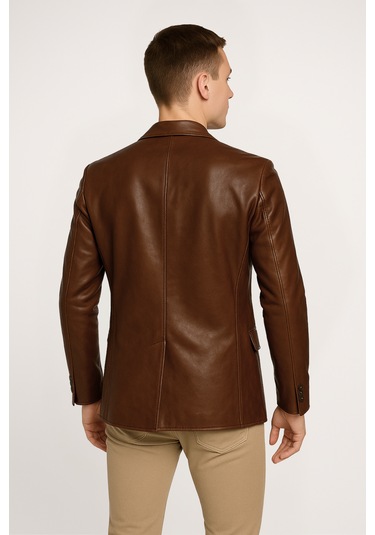 Derije Diego Hakiki Deri Punto Dikişli Erkek Blazer Ceket