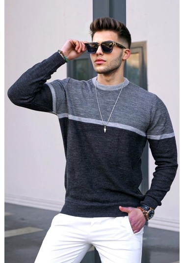 Madmext Antrasit Renk Bloklu Erkek Kazak 4734 Antrasit