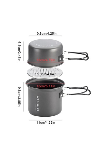 2 Adet Kamp Tencere Saplı Ultralight Açık Pot Alüminyum Alaşımlı Gri - Siyah