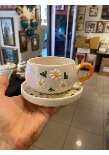 Seramik El Yapımı Fincan Takımı 2'li Set Üçlü Papatya Desenli Beyaz - Sarı