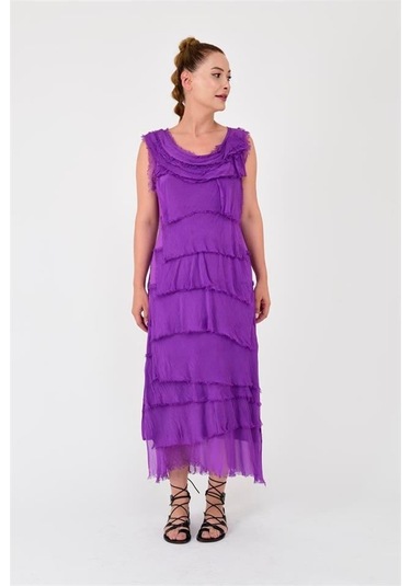 Italyan 2 Beden İnce Gösteren Kat Kat Kolsuz Ipek Elbise Kmor