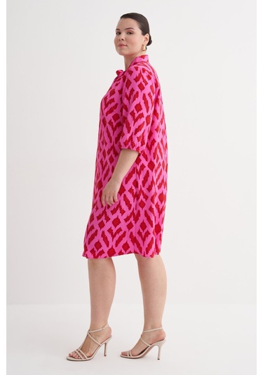 Desenli Fular Yaka Elbise-6232 Pembe