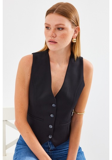 6796 Kısa Dokuma Yelek - Siyah