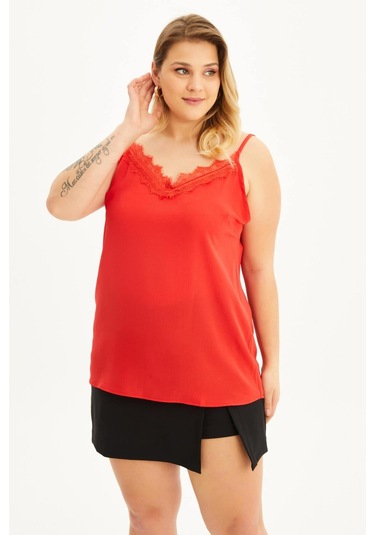 Dantelli İp Askılı Bluz-1672 Kırmızı
