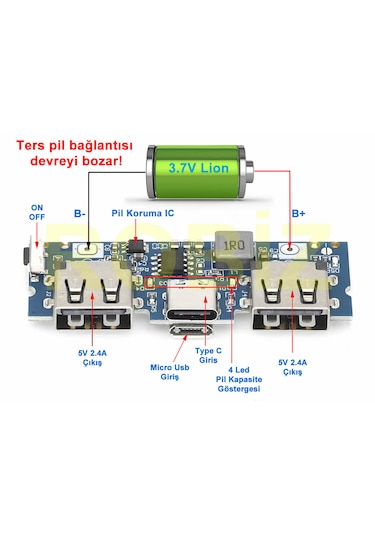 Powerbank Devresi 5v 2.4a Dual Usb Çıkış Type C Micro Usb Giriş