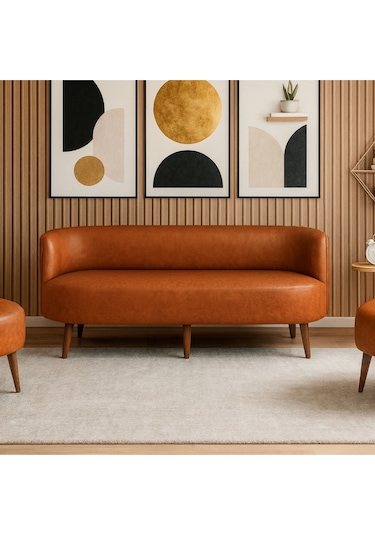 Sydney Üçlü Koltuk Kanepe Deri Kumaş - Ahşap Ayak Ev & Ofis Kullanımı - Taba Taba