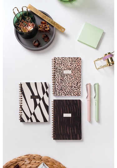 Cep Boy 10x14 Cm Spiralli Çizgili Karton Kapak 3'lü Defter Seti Leopar Leopar-siyah-krem