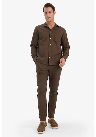 Defacto %100 Pamuk Slim Fit Beli Lastikli Keten Görünümlü Cepli Düz Paça Jogger Pantolon D2671ax25aubn534 Kahve