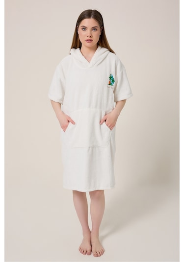 Palmiye Sörf Nakışlı Yetişkin Sörf Yazlık Panço Kapüşonlu Plaj Havlusu Krem Krem