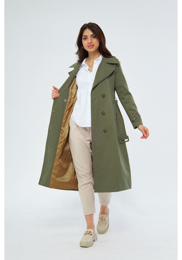 %100 Pamuk Ekstra Uzun 120cm Kruvaze Kadın Trençkot 1121 Haki