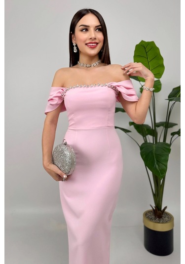 Valentia Madonna Yaka Taş İşlemeli Kalem Pembe Abiye Elbise, Zarif Davet Elbisesi Pembe