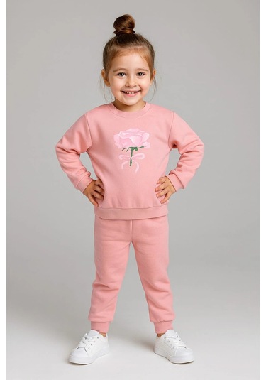 Kız Çocuk %100 Pamuk Gül Baskılı Eşofman Takımı Pudra