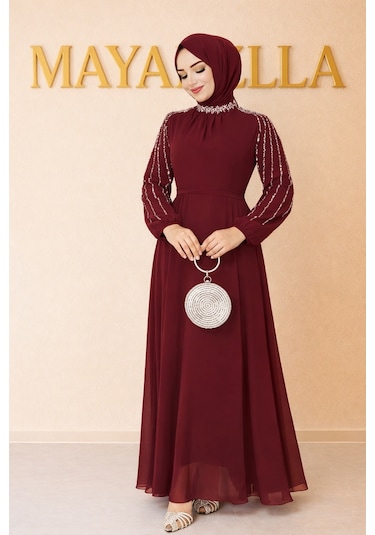 Mayabella İşlemeli Abiye Tesettür 20251311-mb3 Bordo Bordo