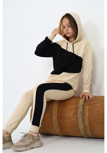 Kız Çocuk %100 Pamuk Garnili Kapüşonlu Uzun Kol Alt&üst Eşofman Takım-eşt-0018 KREM