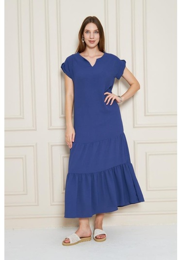 Kadın Uzun Eteği Fırfırlı Kısa Kol Apolet Detaylı Salaş Günlük Rahat Elbise 3761366 İndigo