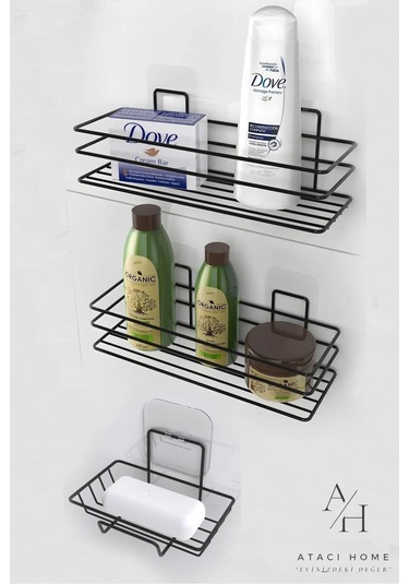Atacı Siyah 3'lü Set Yapışkanlı Paslanmaz Banyo Rafı Sabunluk Şampuanlık Duşakabn Duş Askısı Seti Siyah