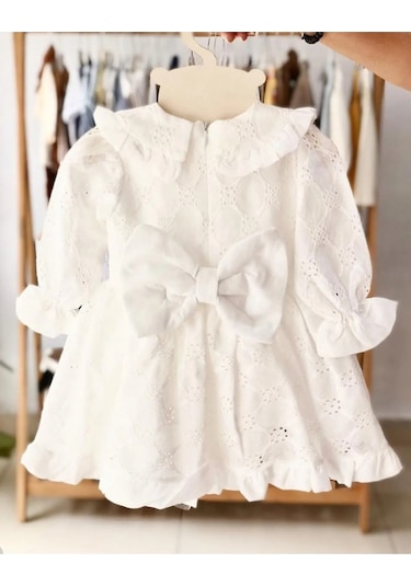 Kız Çocuk Bebe Yaka Doğum Günü Parti Düğün Elbisesi Beyaz