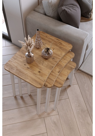 Zuesse Dizayn Beyza 3lü Zigon & Yan Sehpa Beyaz Ahşap Ayaklı Salon Seti Çay Sehpası - Çamçam