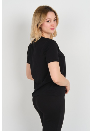 Sistas Kadın Baskı Desenli V Yaka Kısa Kollu Pamuklu Bluz 24100 Siyah Siyah