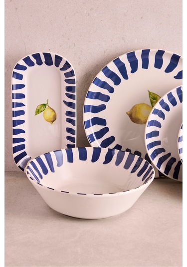 Limone Blu 27 Parça 6 Kişilik Seramik Yemek Takımı Limon Desenli Mavi Çizgili Sunum Seti Cokrenklı Çok Renkli