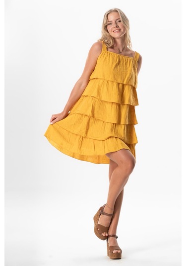 Askılı Kare Yaka Elfida Kat Kat Müslin Yazlık Kısa Elbise Hardal Hrd Hardal