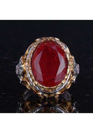 Erkekler İçin Yapay Taş Yüzük - Sultan Yüzük - El Yapımı 925 Ayar Gümüş Yüzük - Kırmızı Paraiba Yüzük Gümüş