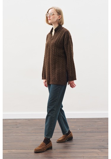 Yakalı Saç Örgü Kazak Kahverengi Kahverengi