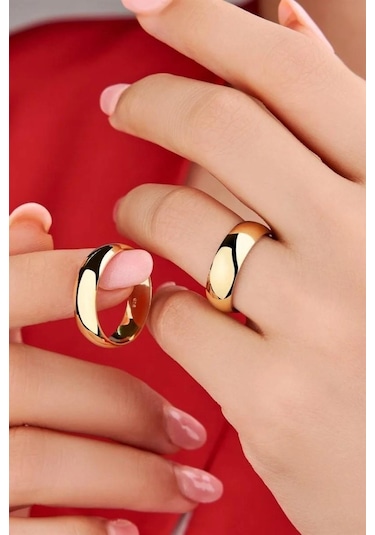 Altın Kaplama 6Mm Bombeli Gümüş Alyans Çifti Tektaş Hediye Al44