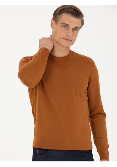 Cacharel Tarçın Slim Fit Bisiklet Yaka Triko Kazak Turuncu