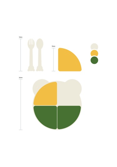 Tucklebery Buddy Ayıcık Mama Tabağı Seti – Yeşil, Sarı, Bej | Çatal-Kaşık + 5 Bölmeli, Eğlenceli & BPA İçermez, Güvenli Mama Tabağ