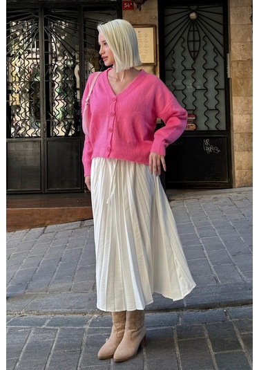 Pembe V Yaka Kadın Triko Hırka Mg2462 Pembe