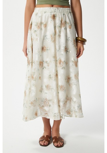 Kadın Rosary Astarlı Bel Lastikli Çiçek Desenli Etek Krem