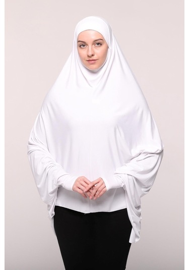 Kollu Sufle Çarşaf Üstü Peçeli Pratik Tesettür Hijab - Nikaplı Namaz Örtüsü Beyaz