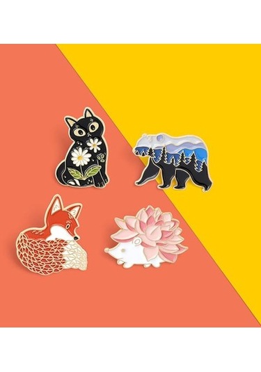 Siyah Emaye Pin Sevimli Ayı Kedi Tilki Şekli Kirpi Broş Seyahat İçin Siyah