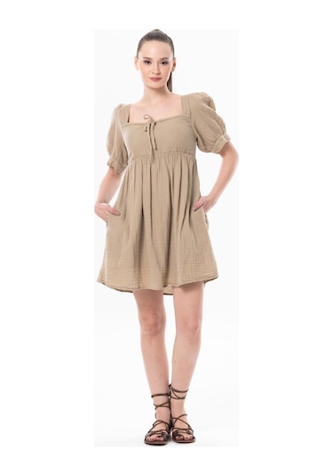 Kısa Kol Lara Kare Yaka Bağlama Detaylı Yazlık Müslin Elbise Vizon Vzn-vizon Vizon