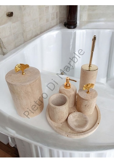 Sarı Traverten Klasik Model 7 Parça Gold Renk Japon Gülü Aksesuarlı Banyo Seti Sarı Traverten
