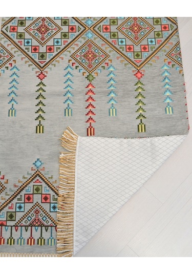 Çeyizlik Hediyelik Seccade Eşarp Tesbih Set Kilim Desenli Kadife Astarlı Seccade, Eşarp, Kristal Tesbih Özel Kutulu Lüks Hediye Seti Gri