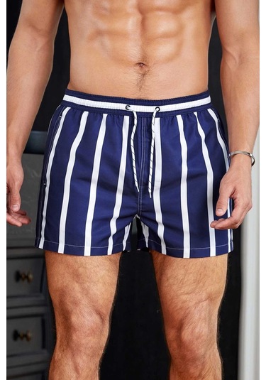 Angelsin Erkek Basic Standart Boy Çizgili Baskılı Mayo Cepli Deniz Şortu Mavi