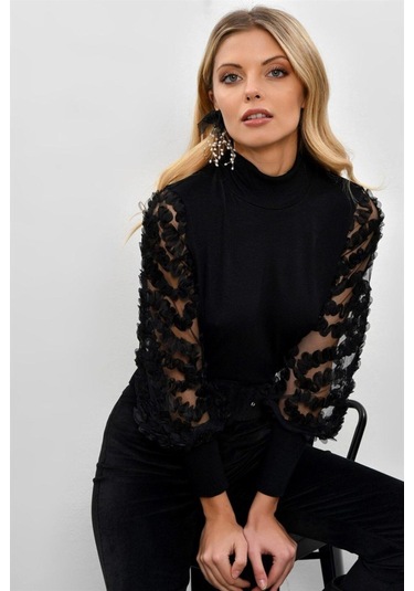 Kadın Siyah Kol Detayı Tül Bluz Siyah