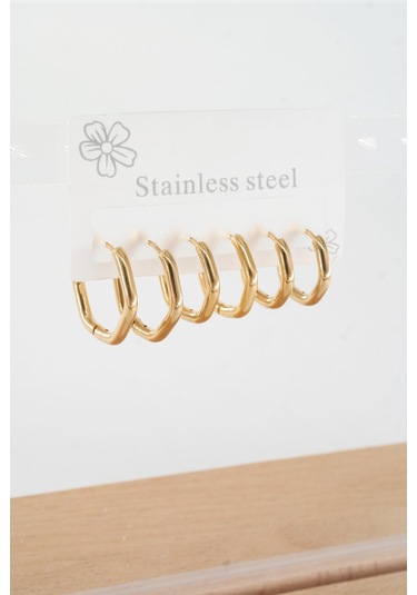 Kadın 316 L Çelik Anti Alerjenik Beşgen Model 3 Boy 1.8cm / 2.2 Cm /2.5 Cm Klipsli 6'lı Set Küpe -5130 Altın