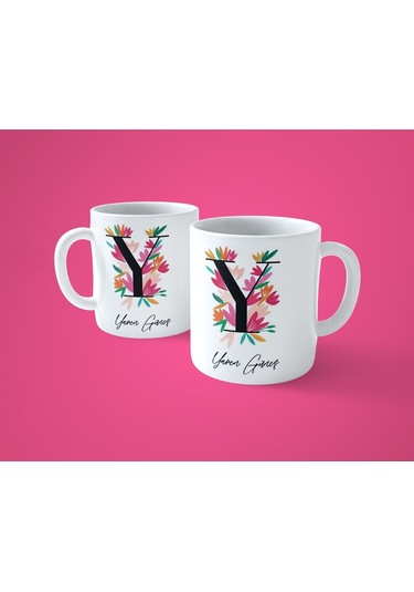 Renkli Çiçekli Y Harfli Kişiye Özel İsimli Baskılı Kupa Bardak
