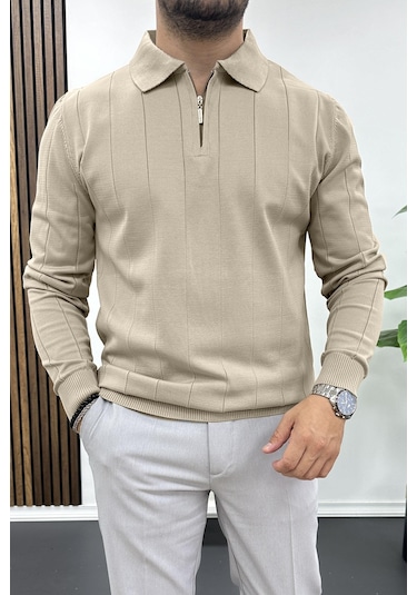 Erkek Yarım Fermuarlı Polo Yaka Mevsimlik Kazak Kahverengi Edw195 Kahverengi