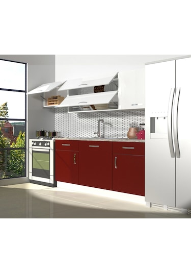 Decoraktiv Prestij 220 Mdf Hazır Mutfak Dolabı - Tezgah Dahil - Bordo Beyaz Beyaz - Kırmızı