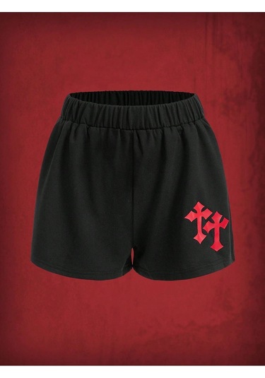 Desen Penye Şort - Siyah Baskılı Kısa Kordonsuz Siyah