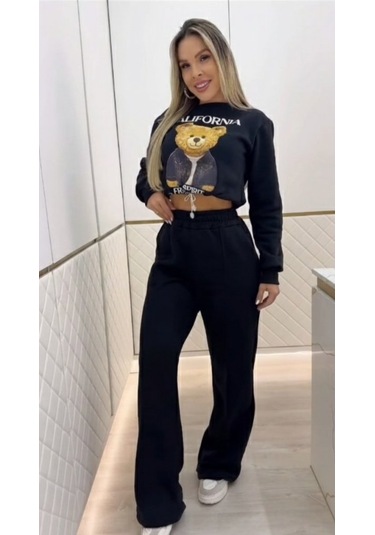 S-pazarım Kadın Uzun Kollu Bisiklet Yaka Desenli Iki Iplik Şardonlu Bluz Ve Pantolon Ikili Takım Siyah