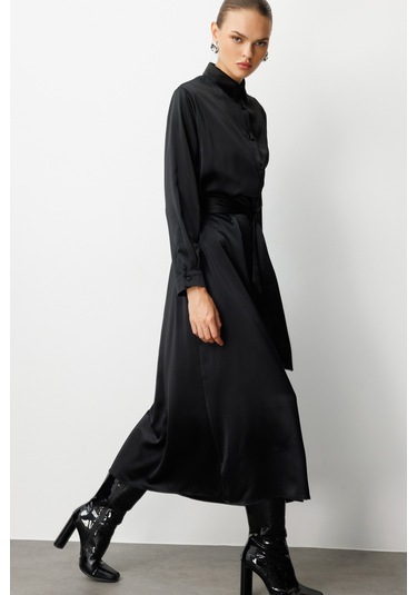 Mizalle Siyah Saten Maksi Gömlek Elbise Siyah