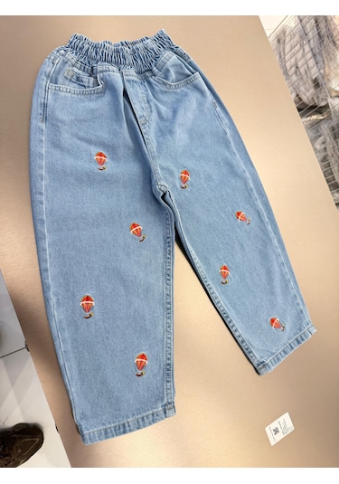 Magu Unisex Çocuk Pamuklu Balon Nakışlı Oversize Kot Pantolon Mavi