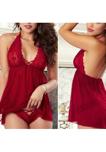 Sones Kadın İç Çamaşırı Dantel Babydoll Chemise Petticoat Rüzgar Kırmızısı Kırmızı