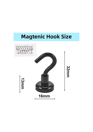 Manyetik Kancalar, 10 Adet Neodimyum Mıknatıs Kancası, 16 Mm Güçlü Manyetik Kanca, Kancalı Süper Güçlü Mıknatıslar Siyah