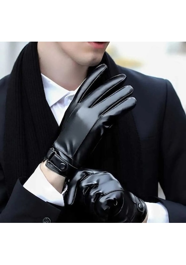 Erkek Siyah Suni Deri Eldiven Dokunmatik Ekran Uyumlu Siyah